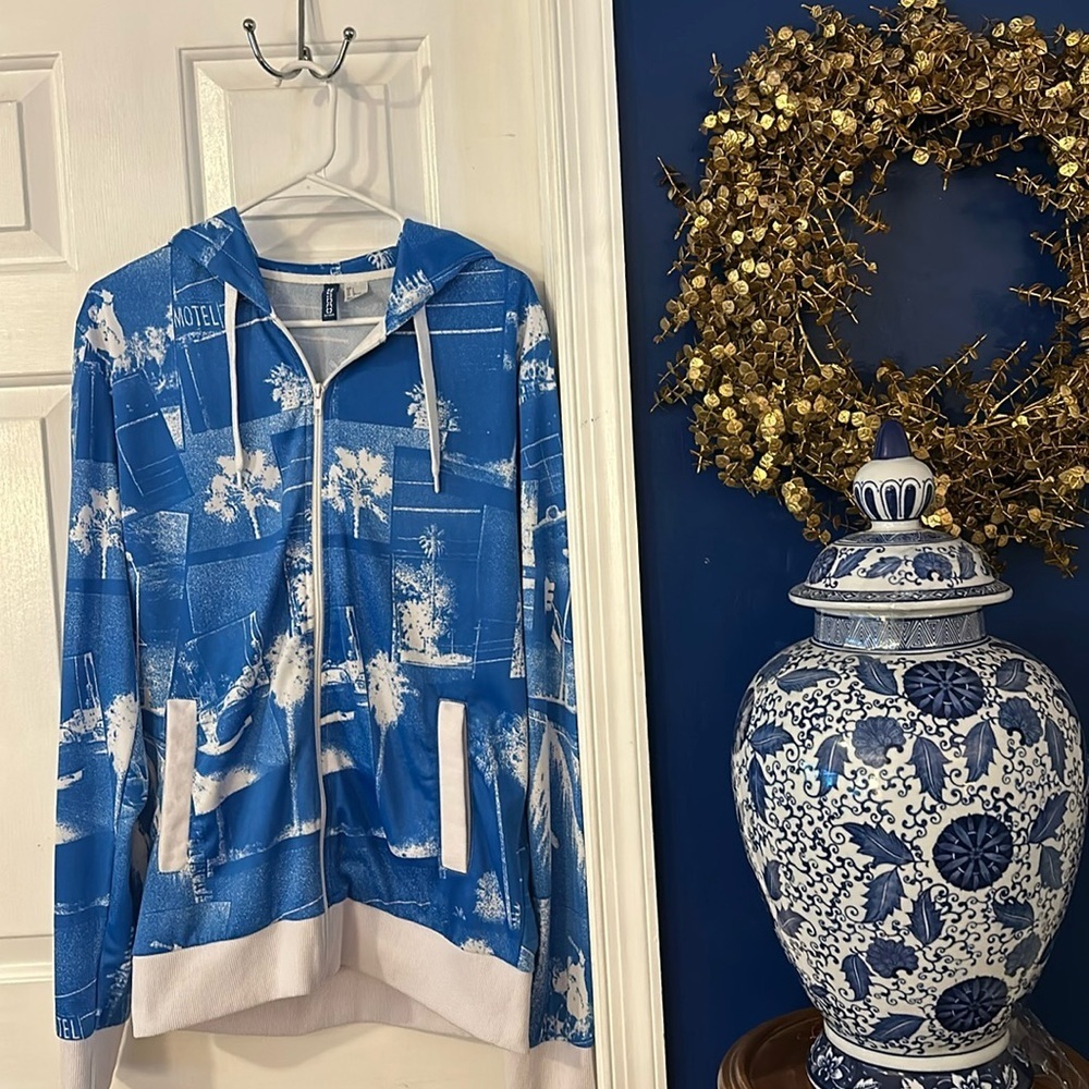 Men’s Divided by H&M Blue & White Light Weight Hooded Zip Up Jacket Size Large